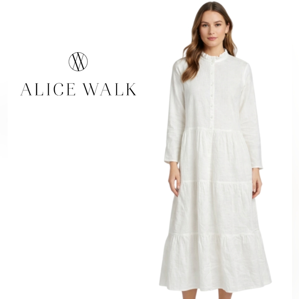 NWT Alice Walk Band Collar Long Sleeve Linen Tiered White Cottagecore Dress M